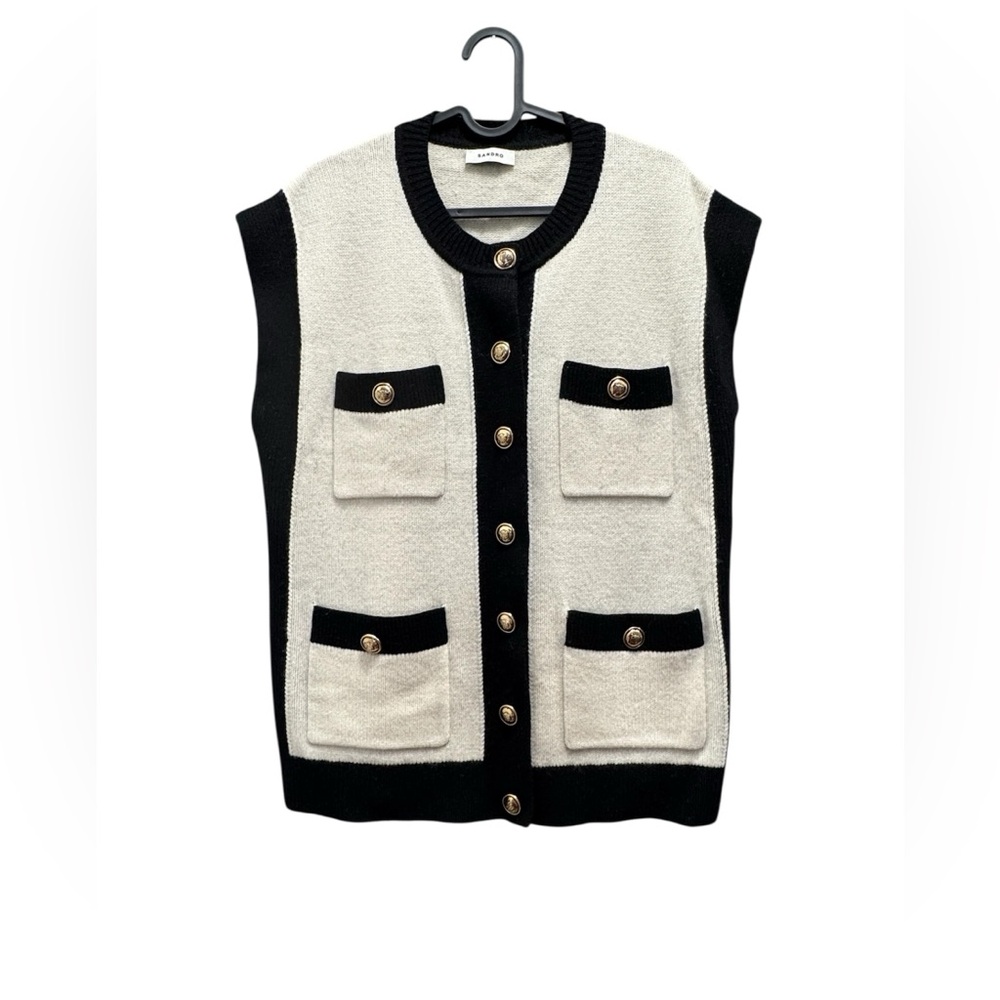 Sandro Cream Knit Vest with Black Trim